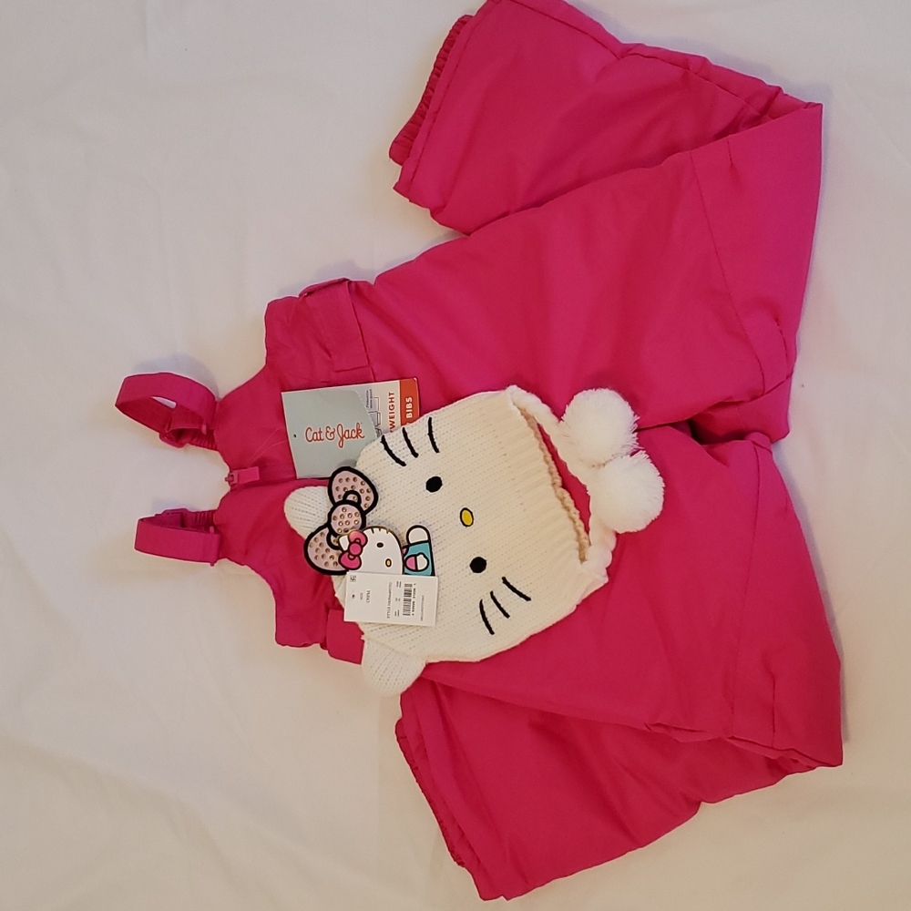 Cat & Jack Girls’ Heavyweight Pink Snow Bibs 5T and Hello Kitty Beanie Hat